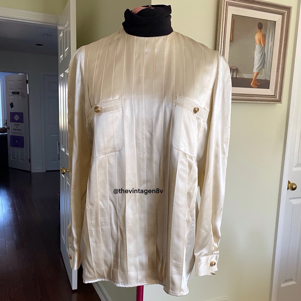 Vintage Alfred Sung cream silk satin blouse with gold button accents
